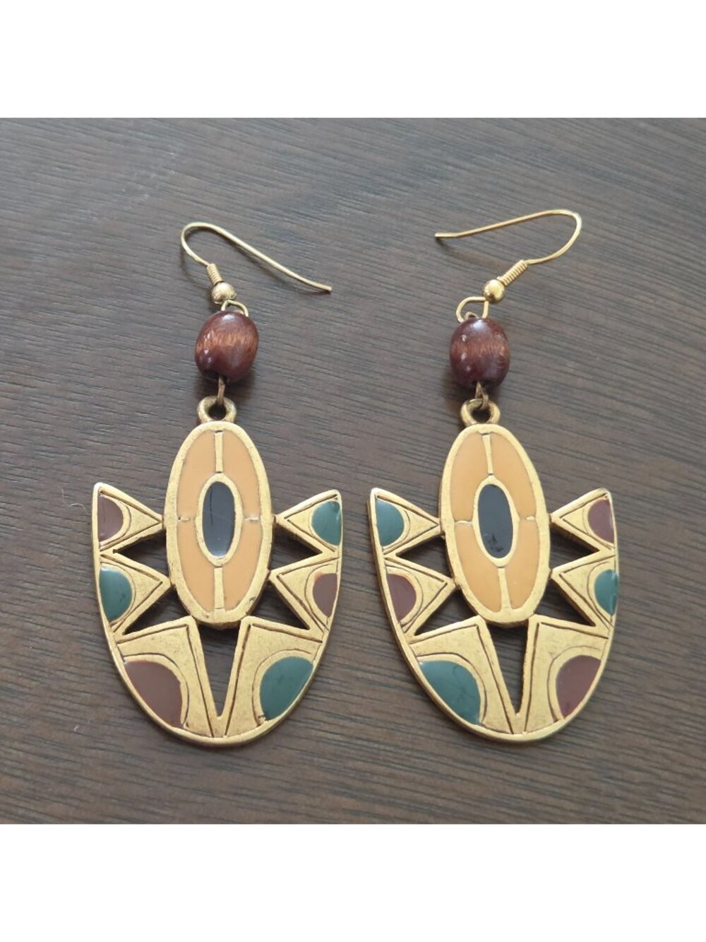 Vintage Egyptian Gold Tone Painted Enamel 2.5" Pierced Dangle Drop Earrings